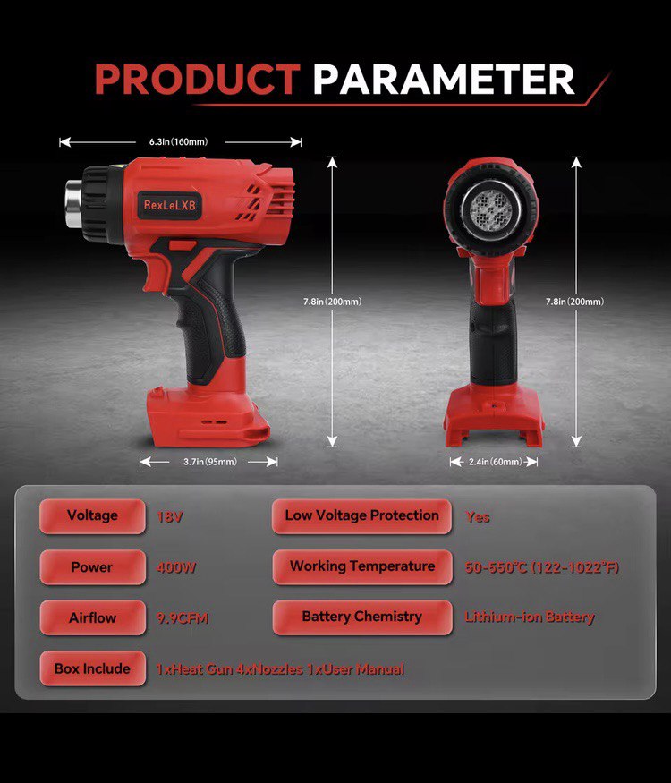 Cordless Heat Gun – 18V Lithium Hot Air Tool with 4 Nozzles (122°F–1022°F / 50°C–550°C) - Image 5