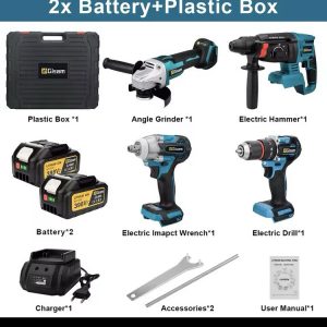 4-in-1 Brushless Cordless Power Tool Set – 13mm Drill, 2-in-1 Impact Wrench, 125mm Angle Grinder & Rotary Hammer